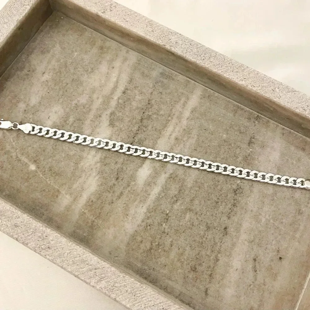 925 Sterling Silver Chain Link Bracelet Flat Link Bracelet - Picture 2 of 4